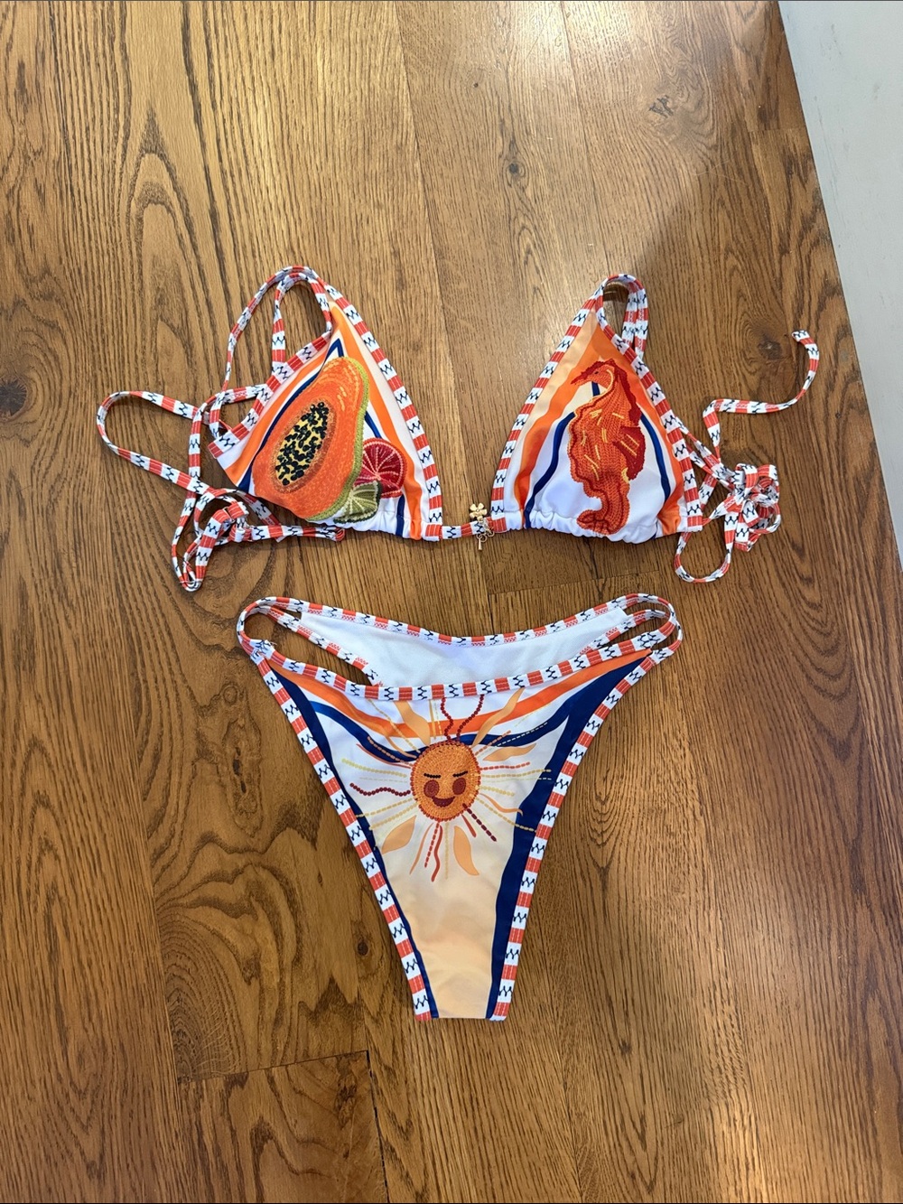 Tropical Sun & Fruit Print Triangle Bikini - Orange, White, Navy